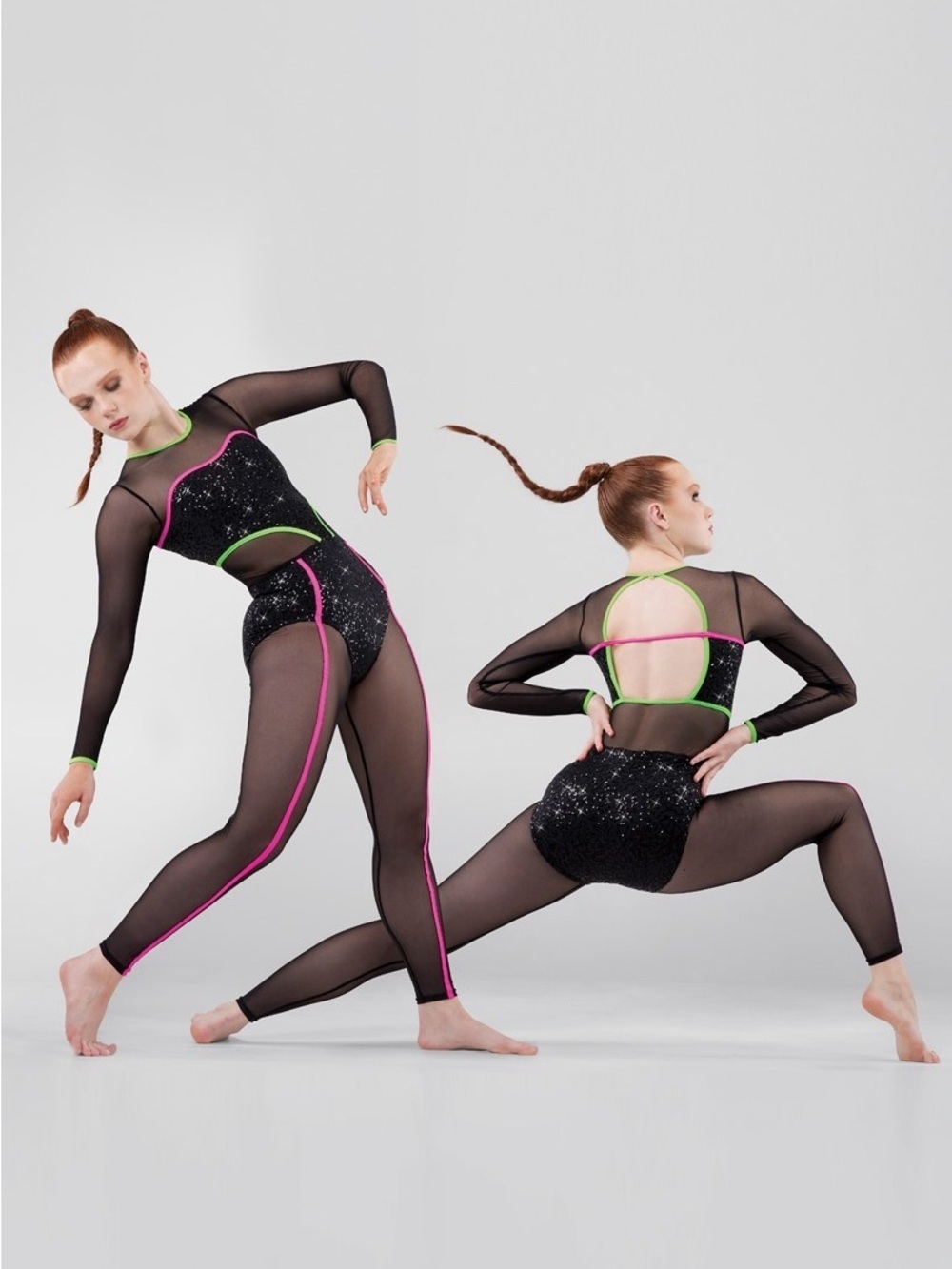 Weissman Dance Costume Women's Black Neon Mesh Jumpsuit Pink & Neon Green Trim